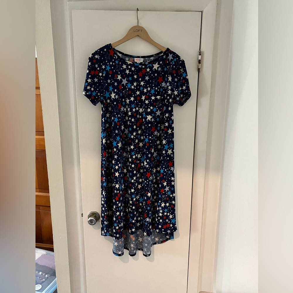 LuLaRoe Navy Star Print Short Sleeve Dress with Red, White & Blue Stars
